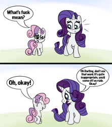 Size: 1150x1299 | Tagged: safe, artist:thatcreepybird, imported from derpibooru, rarity, sweetie belle, pony, unicorn, comic, cropped, duo, emanata, female, horn, simple background, vulgar, white background