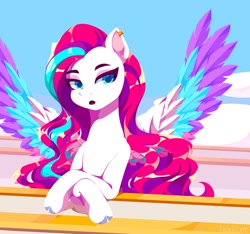 Size: 1306x1224 | Tagged: safe, artist:teallet, imported from derpibooru, zipp storm, pegasus, pony, alternate hairstyle, colored wings, ear piercing, earring, female, g5, jewelry, long hair, long mane, mare, multicolored wings, piercing, solo, wings