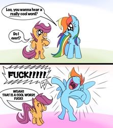 Size: 1150x1296 | Tagged: safe, artist:thatcreepybird, imported from derpibooru, rainbow dash, scootaloo, pegasus, pony, bad influence, comic, cropped, duo, female, simple background, vulgar, white background