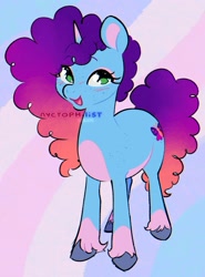 Size: 1488x2006 | Tagged: safe, artist:nyctophilist, derpibooru exclusive, imported from derpibooru, unicorn, afro mane, blue coat, blushing, cornrows, ears up, eyelashes, fluffy mane, freckles, g5, gradient mane, green eyes, happy, horn, misty brightdawn, purple mane, rebirth misty, smiling, solo, standing