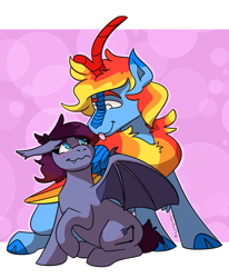 Size: 1615x1961 | Tagged: safe, alternate version, artist:hiddenfaithy, imported from derpibooru, oc, oc only, oc:icarus fyrewing, oc:xebec, bat pony, kirin, pony, winged kirin, :p, blushing, commission, simple background, sitting, tongue out