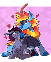 Size: 1615x1961 | Tagged: safe, alternate version, artist:hiddenfaithy, imported from derpibooru, oc, oc only, oc:icarus fyrewing, oc:xebec, bat pony, kirin, pony, winged kirin, :p, blushing, commission, feather, heart, magic, simple background, sitting, tickling, tongue out