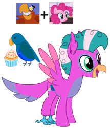 Size: 738x859 | Tagged: safe, artist:noi kincade, imported from derpibooru, pinkie pie, bird, parrot, aladdin, crossover, crossover shipping, cutie mark, disney, female, iago, male, parrot pony, shipping, simple background, straight, transparent background