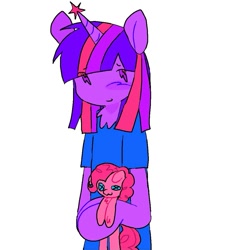 Size: 1025x1095 | Tagged: safe, artist:poniesinmyhead, imported from derpibooru, pinkie pie, twilight sparkle, pony, semi-anthro, unicorn, holding, implied shipping, pinkie pie plushie, plushie, simple background, unicorn twilight, white background