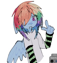 Size: 922x1021 | Tagged: safe, artist:poniesinmyhead, imported from derpibooru, rainbow dash, anthro, pegasus, pony, chin piercing, ear piercing, female, floppy ears, piercing, scene kid, simple background, smiling, solo, white background