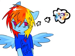 Size: 1390x1043 | Tagged: safe, artist:poniesinmyhead, imported from derpibooru, applejack, rainbow dash, rarity, anthro, pegasus, pony, clothes, shirt, simple background, thinking, white background