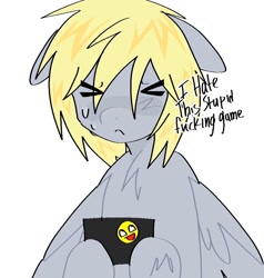 Size: 1026x1080 | Tagged: safe, artist:poniesinmyhead, imported from derpibooru, derpy hooves, pegasus, pony, ><, awesome face, eyes closed, female, floppy ears, mare, nervous, simple background, solo, vulgar, white background