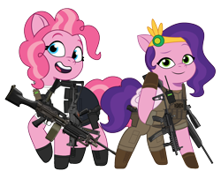 Size: 2948x2289 | Tagged: safe, artist:edy_january, artist:prixy05, edit, imported from derpibooru, vector edit, pinkie pie, pipp petals, earth pony, pegasus, pony, armor, body armor, boots, call of duty, call of duty: warzone, clothes, combat knife, delta forces, denim, duo, duo female, equipment, female, flak jacket, g4 to g5, g5, gears, generation leap, gloves, gun, heavy, jeans, knife, light machine gun, m249, machine gun, machine gunner, military, military pants, military pony, military uniform, mpx, my little pony: tell your tale, pants, pipp and her 2th heroine, pipp and her second heroine, radio, rifle, shirt, shoes, short pants, simple background, sniper, sniper rifle, soldier, soldier pony, steyr scout, submachinegun, tactical, tactical squad, tactical vest, tanktop, task forces 141, transparent background, ump45, uniform, united kingdom, united states, vector, weapon