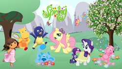 Size: 1600x900 | Tagged: safe, artist:cloudy glow, artist:lizzmcclin, imported from derpibooru, fluttershy, rarity, butterfly, blue's clues, dora the explorer, female, flower, spring, the backyardigans, tree