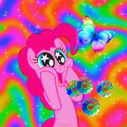 Size: 2000x2000 | Tagged: safe, artist:skythefang, imported from derpibooru, pinkie pie, butterfly, earth pony, drugs, female, flower, lsd, solo, starry eyes, wingding eyes