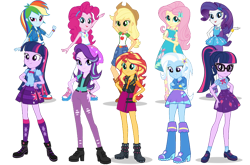 Size: 826x544 | Tagged: safe, editor:cutler1228, imported from derpibooru, applejack, fluttershy, pinkie pie, rainbow dash, rarity, sci-twi, starlight glimmer, sunset shimmer, trixie, twilight sparkle, human, equestria girls, female, humane ten, mane ten, simple background, transparent background