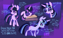 Size: 4000x2400 | Tagged: safe, artist:janegumball, imported from derpibooru, twilight sparkle, pony, unicorn, alternate universe, bad end, bags under eyes, book, female, glasses, mare, sleeping, solo, unicorn twilight