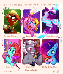 Size: 2705x3156 | Tagged: safe, artist:soniana_draws, imported from derpibooru, opaline arcana, rarity (g3), sprout cloverleaf, earth pony, pegasus, unicorn, six fanarts, the runaway rainbow, alphabittle blossomforth, food, g3, g5, horn, jazz hooves, misty brightdawn, my little pony: a new generation, my little pony: make your mark, rebirth misty, tea, wand