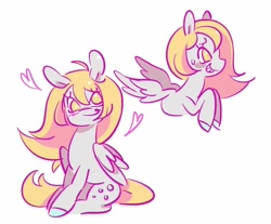 Size: 1600x1324 | Tagged: safe, artist:shrimpnurse, imported from derpibooru, derpy hooves, pegasus, pony, ahoge, blush scribble, blushing, colored hooves, derp, duality, emanata, eyelashes, female, floating heart, folded wings, gray coat, grin, heart, long mane, long tail, mare, nervous, nervous grin, profile, raised hooves, simple background, sitting, smiling, solo, spread wings, sweat, sweatdrop, tail, white background, wings, yellow eyes, yellow mane, yellow tail