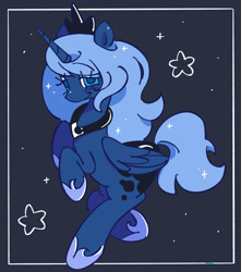 Size: 1300x1470 | Tagged: safe, artist:shrimpnurse, imported from derpibooru, princess luna, alicorn, pony, black background, blue coat, blue eyes, blue mane, blue tail, blush sticker, blushing, border, crown, cute, ethereal mane, eyebrows, eyebrows visible through hair, eyelashes, female, floating eyebrows, folded wings, hoof shoes, horn, jewelry, lidded eyes, long horn, long mane, long tail, lunabetes, mare, peytral, princess shoes, rearing, regalia, s1 luna, simple background, smiling, solo, sparkles, starry mane, starry tail, stars, tail, tiara, unicorn horn, wingding eyes, wings