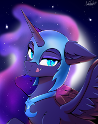 Size: 1078x1362 | Tagged: safe, artist:cmdrtempest, imported from derpibooru, nightmare moon, alicorn, pony, armor, blue eyes, blue mane, bust, cute, digital art, ethereal mane, eyelashes, eyeshadow, fangs, feather, female, flowing mane, helmet, kitchen eyes, lidded eyes, looking at you, makeup, mare, moon, moonlight, nicemare moon, night, peytral, portrait, signature, smiling, smiling at you, solo, spread wings, starry mane, stars, teeth, tongue out, wings