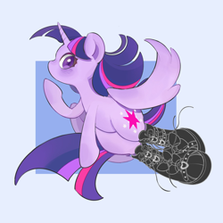 Size: 2046x2048 | Tagged: safe, artist:chonpskss, imported from derpibooru, twilight sparkle, alicorn, pony, blue background, blushing, boots, clothes, female, high res, horn, mare, partially open wings, passepartout, shoes, simple background, solo, tail, twilight sparkle (alicorn), wings