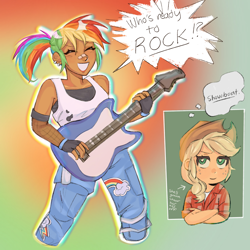 Size: 2048x2048 | Tagged: safe, artist:sweetapplearts, imported from derpibooru, applejack, rainbow dash, human, equestria girls, appledash, bandaid, bandaid on nose, clothes, cowboy hat, crossed arms, cutie mark, cutie mark on clothes, dialogue, duo, duo female, ear piercing, earring, eyes closed, female, fingerless gloves, gloves, gradient background, guitar, hat, high res, jewelry, lesbian, musical instrument, open mouth, open smile, piercing, ponytail, shipping, smiling, speech bubble, stetson, tan skin, thought bubble, vulgar