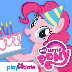 Size: 1024x1024 | Tagged: safe, imported from derpibooru, pinkie pie, earth pony, pony, app icon, bipedal, cake, candle, female, food, hat, hoof hold, looking at you, mare, my little pony logo, my little pony party of one, open mouth, open smile, party hat, platter, playdate digital, smiling, solo, tail