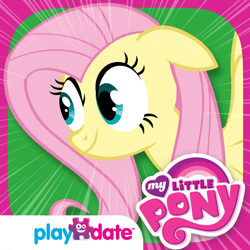 Size: 1024x1024 | Tagged: safe, imported from derpibooru, fluttershy, pegasus, pony, app icon, female, floppy ears, mare, my little pony logo, my little pony: fluttershy's famous stare, playdate digital, smiling, solo, spread wings, stare, wide eyes, wings