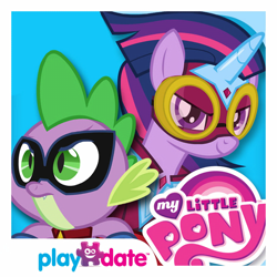 Size: 1024x1024 | Tagged: safe, imported from derpibooru, spike, twilight sparkle, alicorn, dragon, pony, power ponies (episode), app icon, clothes, costume, domino mask, duo, duo male and female, female, goggles, horn, humdrum costume, looking at you, male, mare, masked matter-horn costume, my little pony logo, my little pony: power ponies, playdate digital