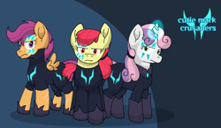 Size: 750x435 | Tagged: safe, artist:pinksuharia, imported from derpibooru, apple bloom, scootaloo, sweetie belle, earth pony, pegasus, unicorn, comic:the storm kingdom, alternate universe, cadet, clothes, cutie mark crusaders, female, horn, insignia, military uniform, possible future, uniform