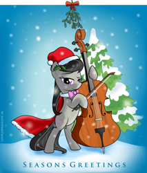 Size: 600x703 | Tagged: safe, artist:southparktaoist, imported from twibooru, octavia melody, earth pony, bow, bowtie, cello, christmas, christmas tree, hat, holiday, image, mistletoe, musical instrument, png, santa hat, snow, standing on two hooves, tree, winter