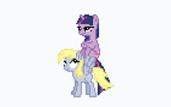 Size: 353x221 | Tagged: safe, imported from derpibooru, derpy hooves, twilight sparkle, pegasus, pony, unicorn, april fools 2024, desktop ponies, pixel art, ponies riding ponies, riding, simple background, sprite, unicorn twilight, white background