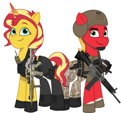 Size: 2441x2289 | Tagged: safe, artist:edy_january, artist:prixy05, edit, imported from derpibooru, vector edit, sprout cloverleaf, sunset shimmer, earth pony, pony, unicorn, ar-15, armor, assault rifle, black pants, body armor, boots, call of duty, call of duty: warzone, clothes, combat knife, delta forces, duo, duo male and female, equipment, female, g4 to g5, g5, gears, generation leap, glock 17, gloves, grey shirt, gun, handgun, helmet, horn, knife, m4a1, male, marine, marines, military, military pants, military pony, military uniform, my little pony: tell your tale, p220, p226, p90, pistol, radio, rifle, shirt, shoes, shotgun, simple background, soldier, soldier pony, special forces, sprout and his heroine, submachinegun, tactical vest, tanktop, task forces 141, transparent background, uniform, us army, usas-12, usmc, vector, vest, weapon