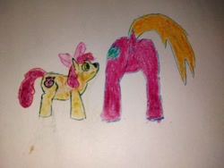 Size: 1024x768 | Tagged: safe, artist:nebbie, imported from derpibooru, apple bloom, big macintosh, dog, dog pony, original species, pony, anus, apple bloom's bow, bow, butt, crayon drawing, duo, female, filly, foal, hair bow, nudity, plot, simplistic anus, traditional art