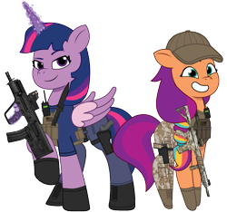 Size: 2441x2289 | Tagged: safe, artist:edy_january, artist:prixy05, edit, imported from derpibooru, vector edit, sunny starscout, twilight sparkle, alicorn, earth pony, pony, ar-15, armor, assault rifle, body armor, boots, bullpup rifle, call of duty, call of duty: warzone, camouflage, captain twilight, clothes, combat knife, delta forces, duo, duo female, equipment, female, g4 to g5, g5, gears, generation leap, gloves, gun, handgun, hat, john "soap" mactavish, knife, leader, m1911, m4a1, mateba 2006m, mateba model 6 unica, military, military pony, military uniform, mtar-21, my little pony: tell your tale, pistol, radio, revolver, rifle, shirt, shoes, simple background, soldier, soldier pony, special forces, sunny and her heroine, tactical, tactical squad, tactical vest, tanktop, tar-21, task forces 141, transparent background, twilight sparkle (alicorn), uniform, united states, vector, vest, weapon