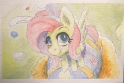 Size: 2048x1376 | Tagged: safe, artist:gorebox, imported from derpibooru, fluttershy, bunny ears, easter, easter egg, grass, grass field, holiday, nest, solo, traditional art, watercolor painting