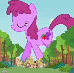 Size: 1280x1262 | Tagged: safe, artist:boneswolbach, artist:dashiesparkle, edit, editor:jaredking779, imported from derpibooru, berry punch, berryshine, earth pony, pony, background pony, eyes closed, female, giant pony, giantess, houses, macro, mare, ponyville, smiling, solo, tree