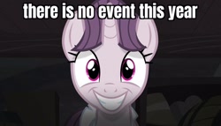 Size: 1258x720 | Tagged: safe, edit, edited screencap, imported from derpibooru, screencap, sugar belle, pony, unicorn, the cutie map, april fools 2024, avatar the last airbender, basement, caption, creepy, creepy smile, cult, equalized, equalized mane, false smile, female, horn, image macro, lies, looking at you, mare, smiling, solo, text, wide smile