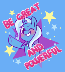 Size: 926x1020 | Tagged: safe, artist:paperbagpony, derpibooru exclusive, imported from derpibooru, trixie, pony, unicorn, blue background, female, horn, mare, one eye closed, simple background, solo, stars