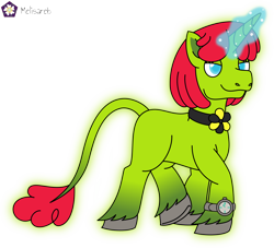 Size: 4414x4000 | Tagged: safe, artist:melisareb, imported from derpibooru, oc, oc only, oc:radiante radium, original species, pony, radioactive pony, unicorn, .svg available, absurd resolution, choker, element pony, female, glowing, glowing horn, horn, leonine tail, lidded eyes, magic, magic aura, mare, ponified, radioactive, simple background, solo, tail, transparent background, unshorn fetlocks, vector, walking, watch