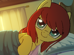 Size: 800x600 | Tagged: safe, artist:rangelost, imported from derpibooru, oc, oc only, oc:honourshine, earth pony, cyoa:d20 pony, bed, cyoa, earth pony oc, first person view, lidded eyes, looking at you, offscreen character, pixel art, pov, solo, story included