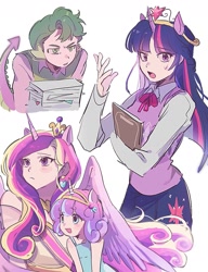 Size: 1109x1444 | Tagged: safe, artist:cuancuan94835, imported from derpibooru, princess cadance, princess flurry heart, spike, twilight sparkle, human, big crown thingy, book, eared humanization, element of magic, horn, horned humanization, humanized, jewelry, open mouth, regalia, simple background, smiling, stack of papers, sweat, sweatdrop, white background, winged humanization, wings