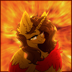 Size: 3000x3000 | Tagged: safe, artist:viryav, imported from derpibooru, oc, oc only, alicorn, pony, explosion, female, fire, fluffy, mare, pleased, smiling, solo
