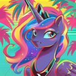 Size: 1024x1024 | Tagged: safe, imported from derpibooru, princess luna, alicorn, pony, 80s, abstract background, accessory, ai content, ai generated, chromatic aberration, generator:pony diffusion v6 xl, generator:stable diffusion, palm tree, prompter:foxpony, solo, tree