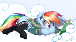 Size: 4000x2250 | Tagged: safe, artist:ncmares, imported from derpibooru, rainbow dash, pegasus, pony, bomber jacket, book, clothes, cloud, cute, dashabetes, female, folded wings, high res, jacket, lying down, lying on a cloud, mare, on a cloud, prone, reading, signature, socks, solo, tail, thigh highs, wing hands, wings