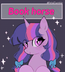 Size: 972x1080 | Tagged: safe, artist:petaltwinkle, imported from derpibooru, twilight sparkle, pony, unicorn, alternate hairstyle, animated, bookhorse, commission, eye clipping through hair, eyestrain warning, female, frame by frame, gif, heart, heart eyes, horn, looking at you, mare, multicolored mane, pigtails, purple background, purple coat, purple eyes, raised hooves, signature, simple background, smiling, smiling at you, solo, sparkles, sparkly eyes, text, tied mane, unicorn horn, unicorn twilight, wingding eyes, your character here