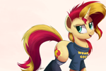 Size: 4450x3000 | Tagged: safe, artist:ncmares, imported from derpibooru, sunset shimmer, pony, unicorn, chest fluff, clothes, cute, female, high res, horn, looking at you, mare, open mouth, open smile, shimmerbetes, shirt, smiling, smiling at you, socks, solo, tail, thigh highs