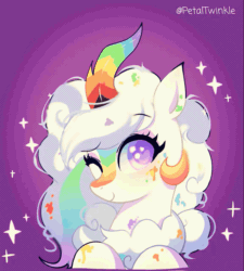 Size: 1152x1280 | Tagged: safe, artist:petaltwinkle, imported from derpibooru, oc, oc only, oc:cloudy canvas, kirin, pony, abstract background, animated, blushing, colored horn, colored pupils, commission, curly mane, cute, eye clipping through hair, eyebrows, eyebrows visible through hair, eyelashes, eyestrain warning, female, frame by frame, gif, gradient background, heart, heart eyes, horn, kirin oc, long mane, looking at you, mare, multicolored hair, multicolored horn, ocbetes, one eye closed, paint splatter, purple eyes, rainbow hair, rainbow horn, raised hooves, signature, smiling, smiling at you, solo, sparkles, sparkly eyes, white coat, white mane, wingding eyes, wink, winking at you, ych result