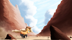 Size: 5000x2813 | Tagged: safe, artist:ncmares, imported from derpibooru, applejack, earth pony, pony, action pose, applejack's hat, boots, canyon, clothes, cloud, cowboy hat, dust, female, fireproof boots, freckles, galloping, grin, hat, high res, mare, outdoors, rock, running, scenery, shoes, signature, sky, smiling, solo, stetson, tail