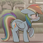 Size: 640x640 | Tagged: prompter needed, safe, imported from derpibooru, rainbow dash, pegasus, pony, ai content, ai generated, blurry background, blushing, building, female, floppy ears, full body, generator:novelai, generator:stable diffusion, mare, nervous, outdoors, raised hoof, road, shadow, side view, solo, sweat, sweatdrop, tree, wavy mouth