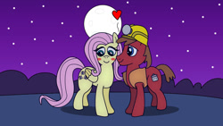 Size: 1191x670 | Tagged: safe, artist:meltingman234, imported from derpibooru, fluttershy, oc, oc:bronze age, earth pony, pegasus, pony, blushing, canon x oc, duo, duo male and female, female, floating heart, heart, helmet, male, moon, shipping, straight