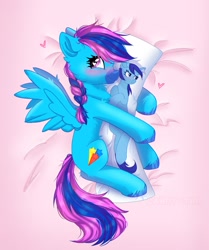 Size: 1687x2020 | Tagged: safe, artist:arllistar, imported from derpibooru, minuette, oc, oc:laser shine, pegasus, pony, unicorn, bed, blushing, body pillow, canon x oc, facial markings, female, heart, heart eyes, horn, hug, mare, mealy mouth (coat marking), pillow, pillow hug, solo, unshorn fetlocks, wingding eyes