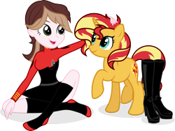 Size: 1432x1074 | Tagged: safe, artist:shizow, imported from derpibooru, sunset shimmer, oc, oc:captain becky ray shoichet, pony, equestria girls, boots, clothes, commissioner:jrshinkansenhorse, crossover, cute, daaaaaaaaaaaw, feet, ocbetes, rebecca shoichet, shimmerbetes, shoes, shoes removed, simple background, socks, star trek, star trek: sunset shimmer, starfleet, stocking feet, stockings, thigh highs, transparent background, vector