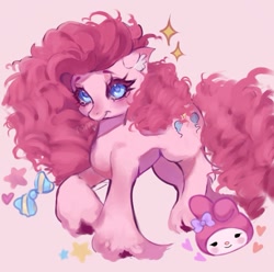 Size: 923x917 | Tagged: safe, artist:nan3nby, imported from derpibooru, pinkie pie, earth pony, pony, rabbit, animal, crossover, duo, ear fluff, female, hello kitty, mare, my melody, pink background, simple background, unshorn fetlocks